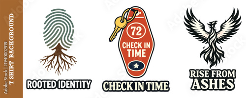 Creative graphic design set featuring a fingerprint with tree roots a vintage keychain and a phoenix bird illustration