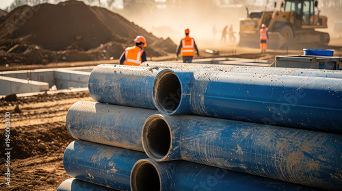Stacked blue construction pipes in foreground with workers wearing orange safety vests and helmets at a dusty construction site during daytime