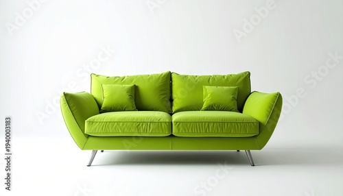 Bright green sofa with pillows on a white background, modern minimalist look