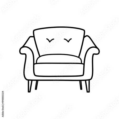Armchair front view outline vector icon, upholstered lounge seating illustration for apartment interiors, cozy relaxation furniture, hospitality spaces, and modern decor