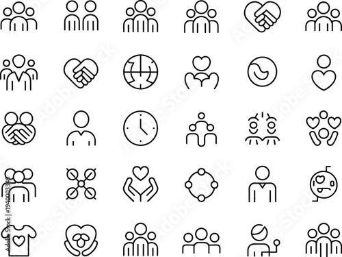 Line style community icon set featuring charity volunteer support symbols teamwork collaboration partnership unity social responsibility humanitarian aid nonprofit organization care and diversity
