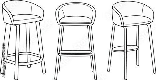 Set of modern bar stools and counter chairs with backrests in minimalist line art style for kitchen and cafe interior design.