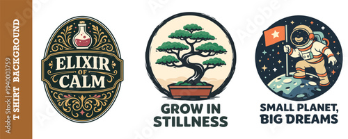 Creative vintage and modern logo designs featuring elixir bottle bonsai tree and astronaut illustrationsinspirational text and decorative elements for t shirt prints or branding projects