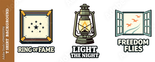 Creative vintage t shirt background design featuring three unique graphic elements with themes of fame stars lantern and freedom birds flying out window illustration