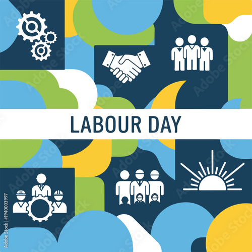 Colorful abstract design with icons celebrating a labour holiday