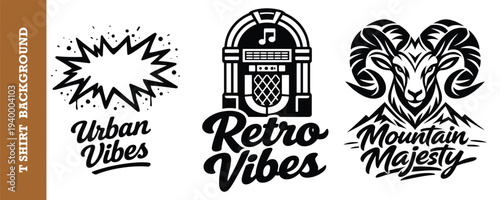 Creative vintage t shirt design collection with urban retro and mountain themes featuring explosion graphic jukebox and ram logo