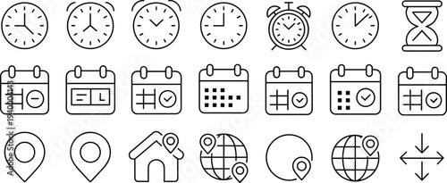 Vector line icons set for time management and navigation featuring clocks calendars hourglass alarm symbols map pins globe location and scheduling markers.