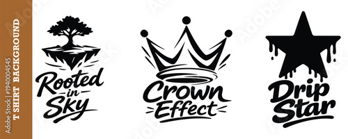 Three creative vintage logo designs with tree island crown and star elements for t shirt printing and branding projects
