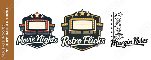 Vintageinspired movie night and retro film logo designs with marquee sign style isolated illustration
