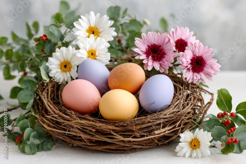 Easter eggs in nest with colorful spring flowers