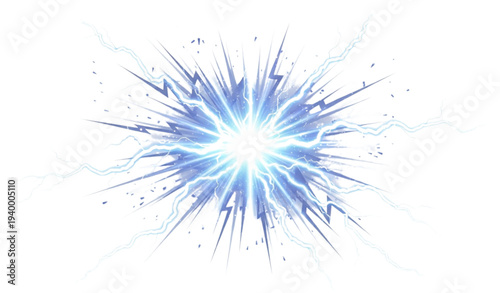 A vibrant blue explosion with lightning bolts on a white background