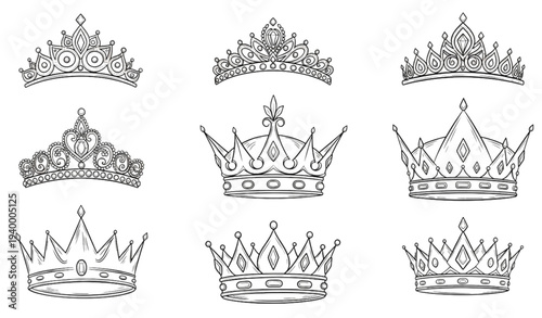 A set of nine black and white crown illustrations in various designs