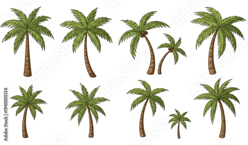 A set of palm trees in various poses and sizes in a vector graphic
