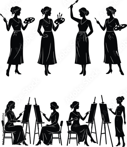 Black silhouette illustrations of women painting with brushes, palettes, and easels, representing artistic creativity, fine art practice, studio work, and educational design conceptsBlack silhouette 