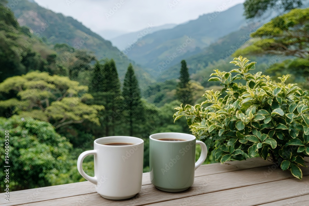 Fototapeta premium Coffee mugs on balcony enjoying mountain view
