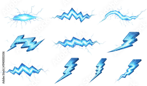 A set of blue lightning bolt icons in various styles and shapes