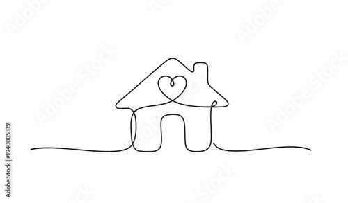 A minimalist line art illustration of a house with a heart