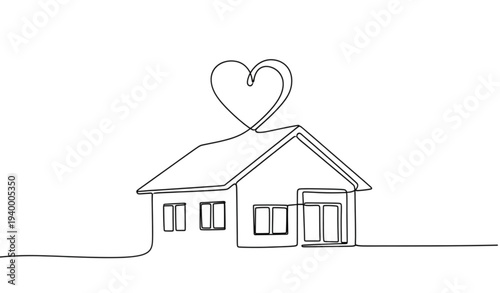 A minimalist line art illustration of a house with a heart above it