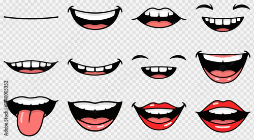 Set of 12 Cartoon Mouths and Lips Vector Illustrations with Various Expressions, including Smiling, Laughing, and Tongue Out, for Animation and Character Design