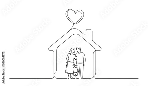 A minimalist line art illustration of a family in a house with a heart
