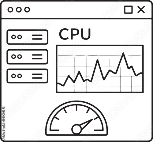 CPU usage monitor graph and speedometer in a computer window  system performance display
