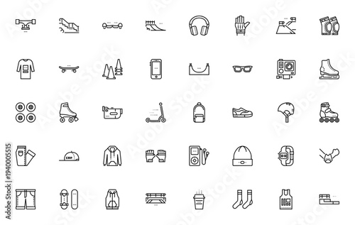Skateboarding icon set. Vector sports collection featuring skateboard, helmet, ramp, roller skates, sneakers, protection gear and more. Editable thin line icons.