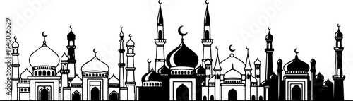 Black and white vector silhouette skyline of various mosque buildings with minarets and domes, featuring crescent moon symbols, ideal for Islamic holiday designs or cultural backgrounds.