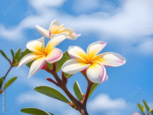 white frangipani flower on blue sky background