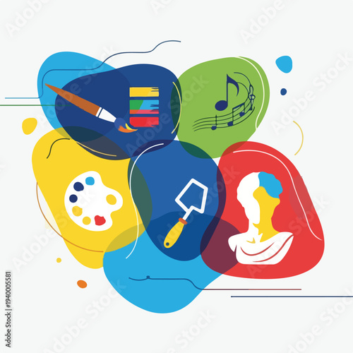 Colorful abstract illustration showing different art forms represented by symbols