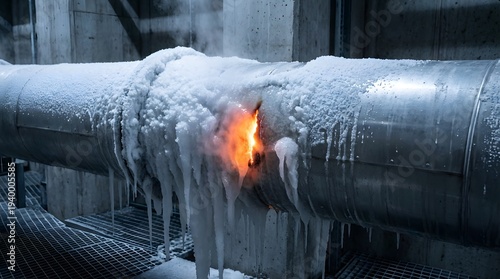 A dangerously frozen industrial pipe with thick ice and icicles experiencing an intense fiery rupture and smoke, highlighting an urgent hazardous situation.