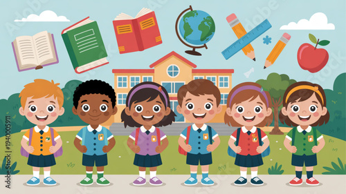 Diverse group of happy school children standing in front of a colorful elementary school building with educational icons floating above them