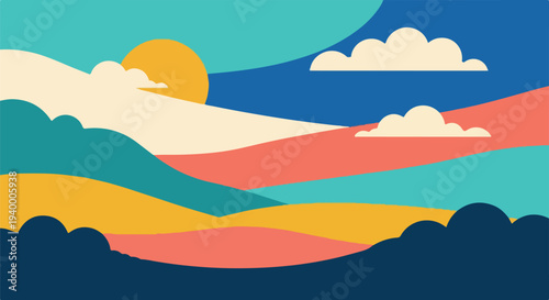 Colorful, abstract landscape with sun, clouds, and rolling hills