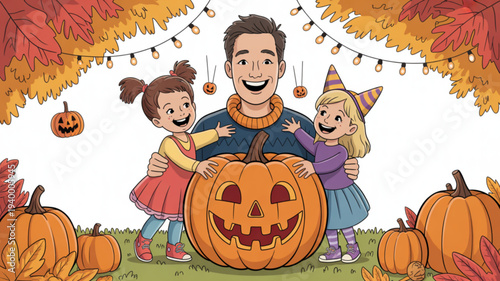 Happy family with two young girls and a carved pumpkin on a green lawn with autumn leaves and string lights