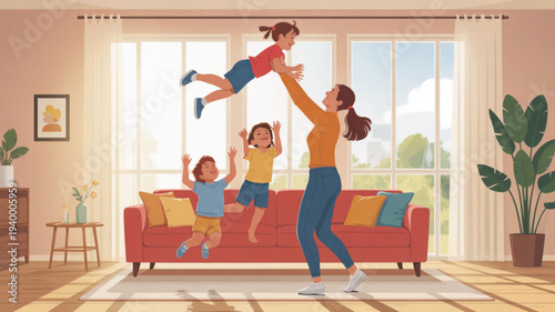 Happy family playing together in living room with mother lifting child