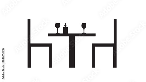 Table set for two with wine glasses and a candle, minimalist silhouette for romantic dinner or celebration, isolated on white background.
