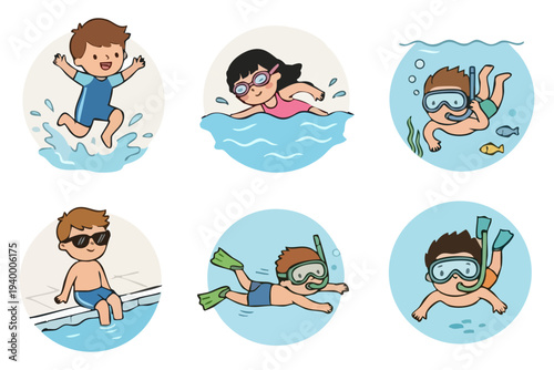 Cute Children Swimming Character Set, Summer Water Activities Illustration, Isolated on White Background, Educational Design Elements