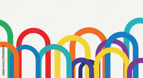 Colorful arches create a pattern against a white background