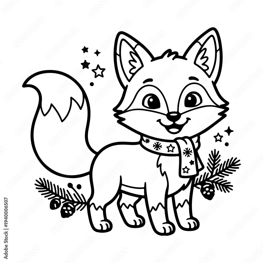 Obraz premium Cute Cartoon Fox Line Art - Winter Themed Fox with Scarf and Pine Branches for Coloring Book