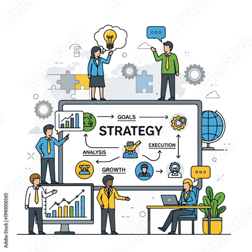 Colorful business strategy illustration with team members and a plan