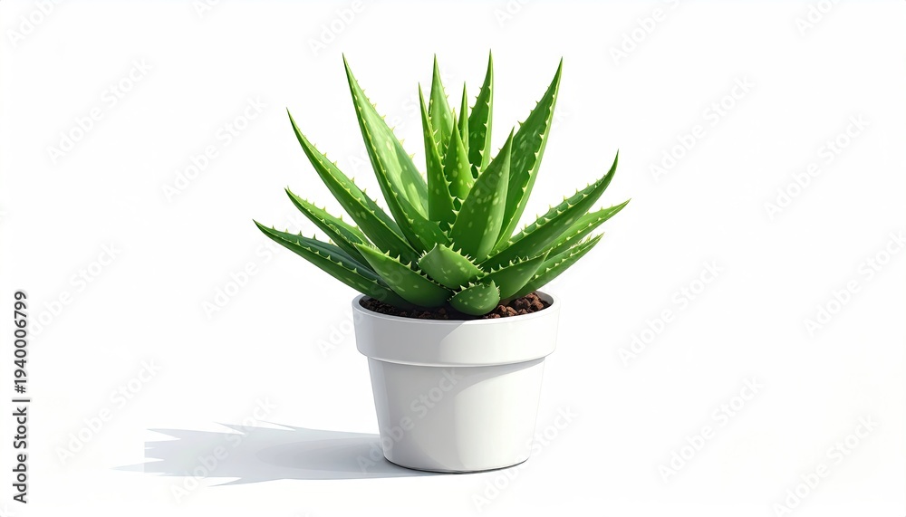 Fototapeta premium Aloe Vera plant in white pot sits against white backdrop, displaying healthy leaves and spikes