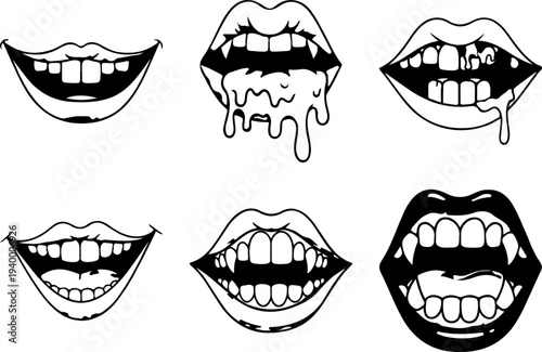 Set of 6 Black and White Vampire Mouths and Lips Vector Illustrations with Fangs, Blood, and Teeth for Halloween Designs