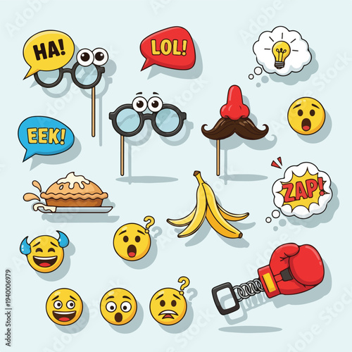 Colorful cartoon image with props, pie, banana, boxing glove and smiley faces
