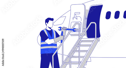 Aircraft mechanic with wrench on airplane stairs, aviation maintenance concept