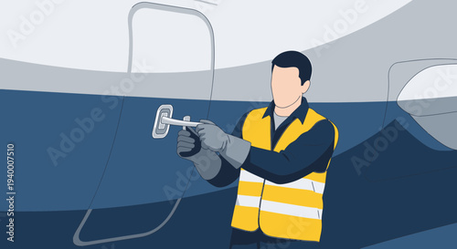 Aircraft maintenance technician inspecting aircraft exterior panel with tool