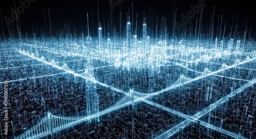 Futuristic digital city rendered with glowing blue wireframe structures and a grid-like urban landscape against a dark background, symbolizing technology and data.