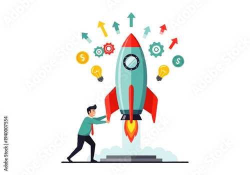 Man Launching Rocket with Creative Ideas.