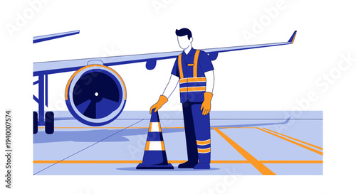 Airport worker in safety vest places cone near airplane engine on tarmac