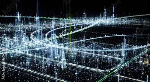 A futuristic digital cityscape illuminated by glowing lines and structures, depicting a complex network of roads, bridges, and skyscrapers at night.