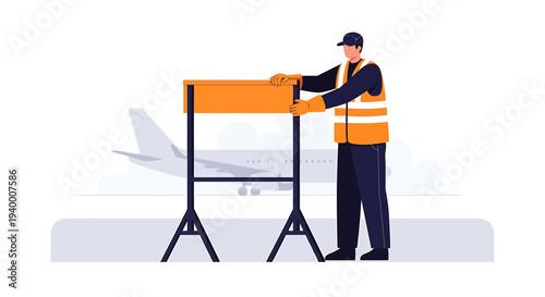 Airport worker in safety vest sets up barricade near airplane on tarmac
