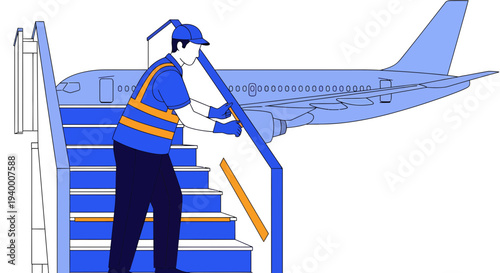 Airport worker in safety vest setting up stairs for airplane boarding